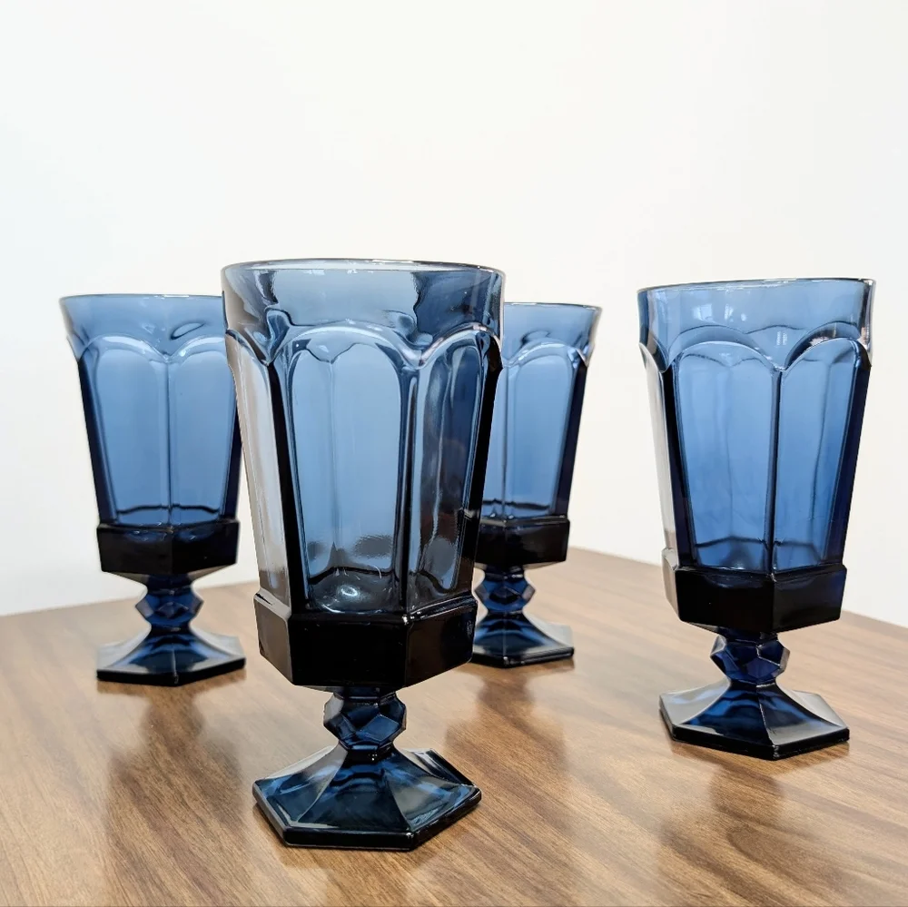 Set Of 4 Vintage 80s Dark Blue Virginia Pattern By Fostoria Ice Tea Glasses